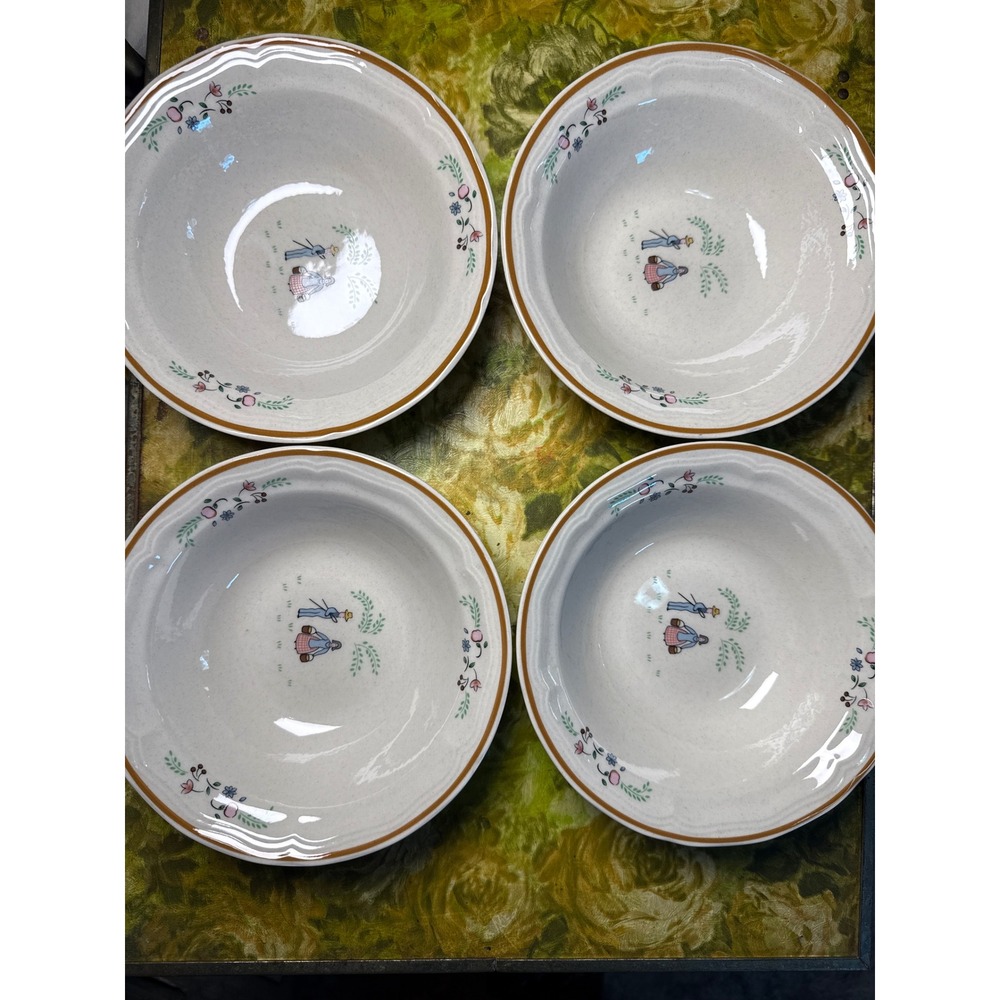 Newcor Stoneware Japan Country Folk Art Soup Cereal Bowls Set of 4 Speckled 7"